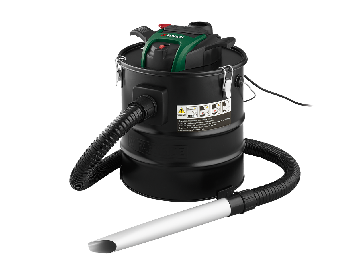 A 1200W ash vacuum with a black barrel and green motor unit, featuring a hose and nozzle.
