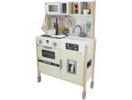 A wooden play kitchen with a microwave, oven, sink, and refrigerator.