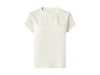 White short-sleeved T-shirt with embroidered details on the shoulders and upper chest.