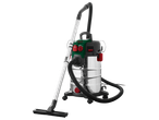 Aspirador de líquidos e sólidos com tubo telescópico e acessórios em fundo preto.