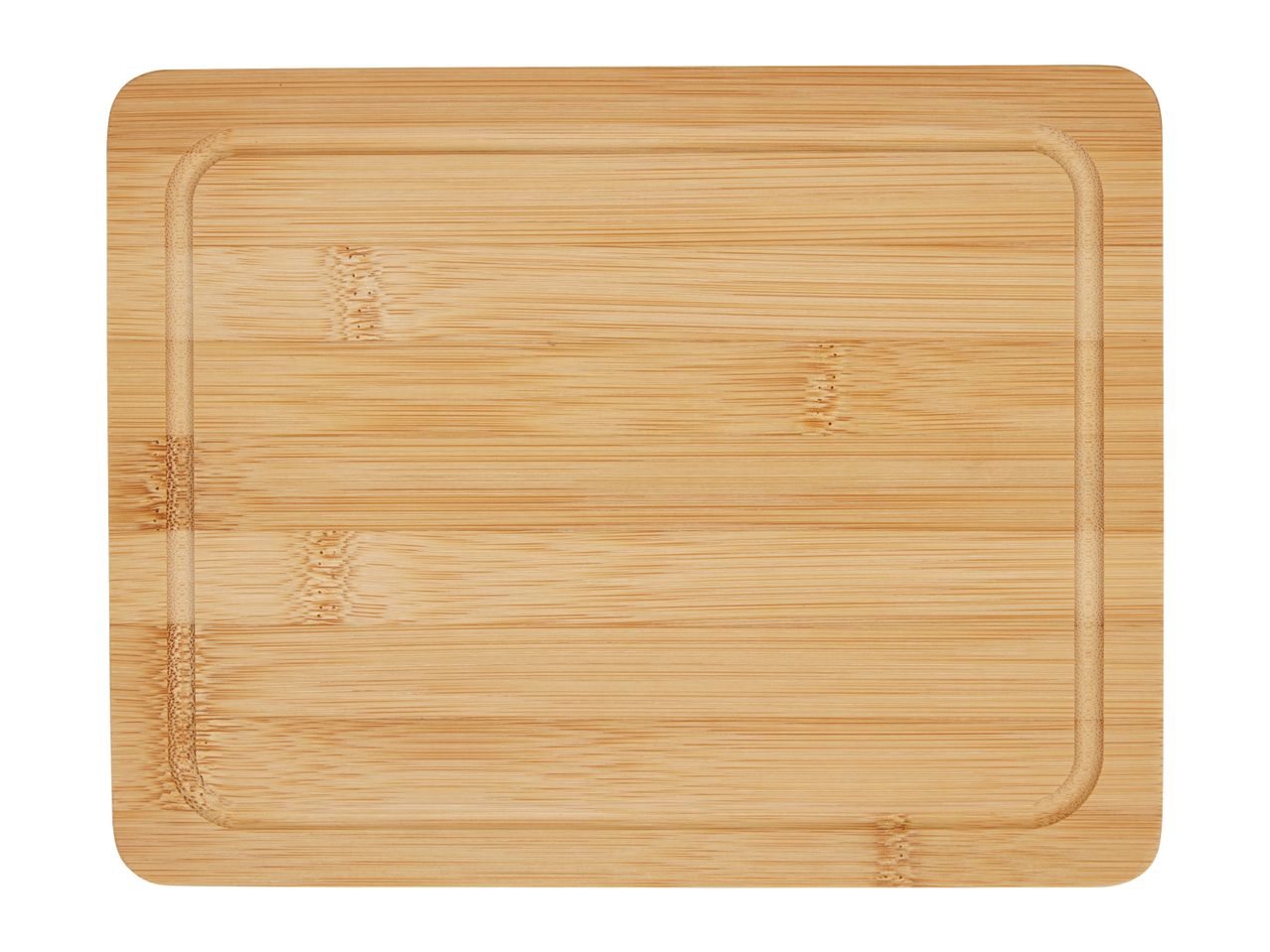 A square bamboo cutting board with a recessed inner area.