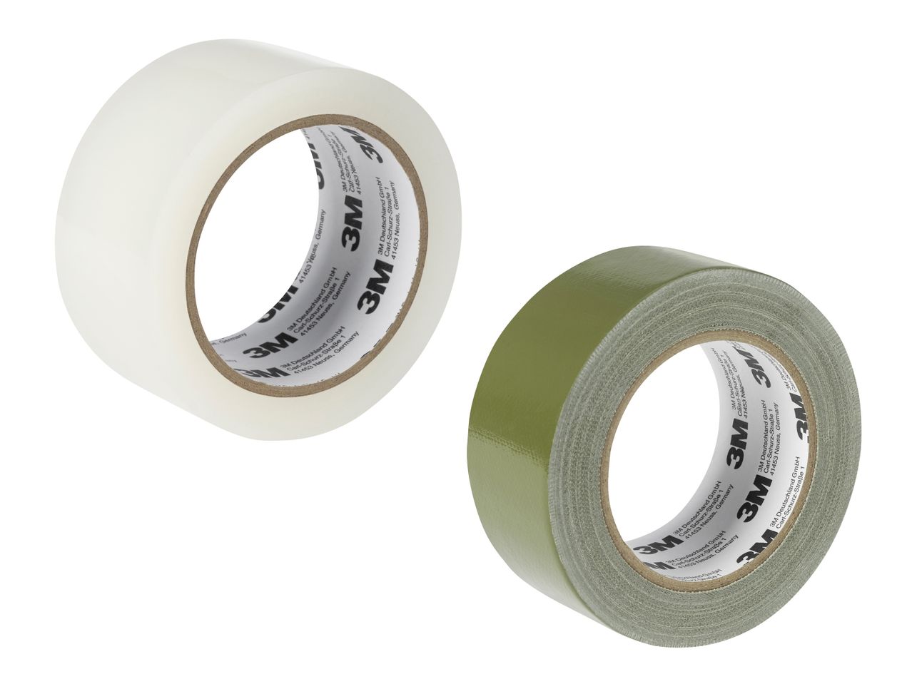 Zwei Rollen Klebeband, eine transparent und eine olivgrün