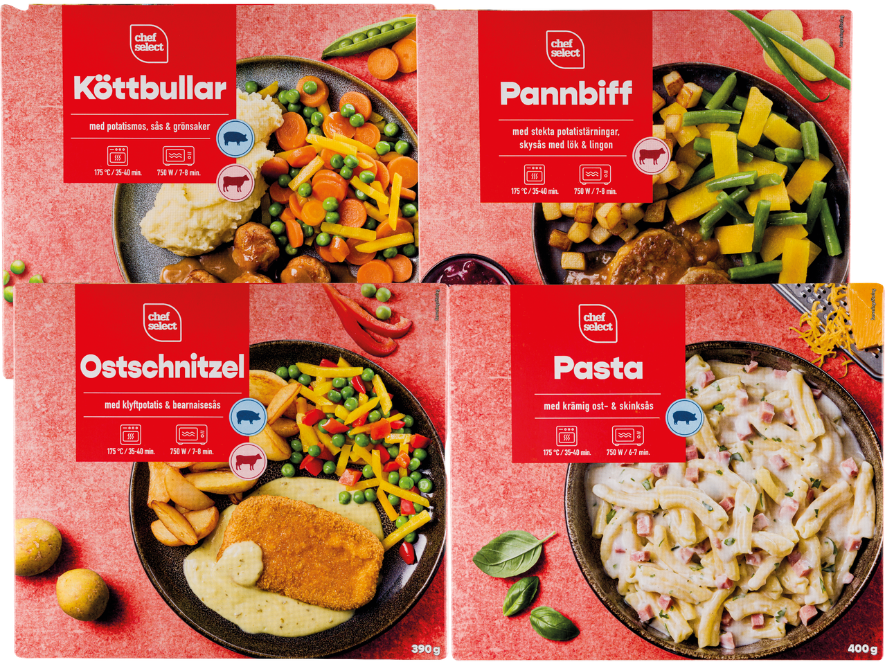 Chef Select frysta måltider: Köttbullar, Pannbiff, Ostschnitzel och Pasta.