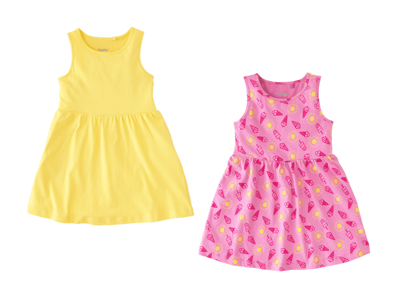 Deux robes d'été pour fille, une jaune et une rose avec imprimé glaces et soleils.