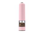 Pink electric pepper grinder with a clear chamber filled with mixed peppercorns