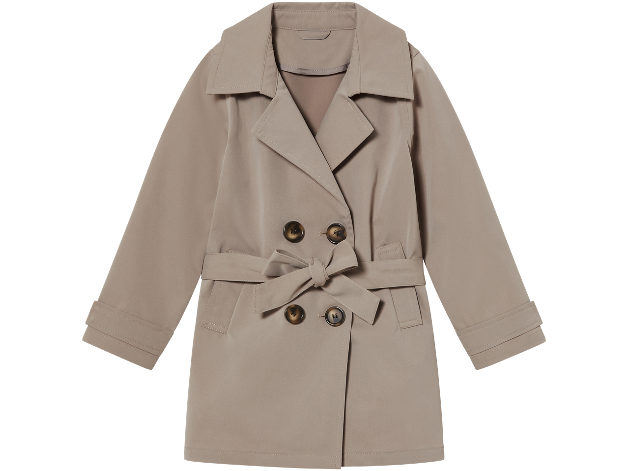Beige dubbelknäppt kappa med bälte.