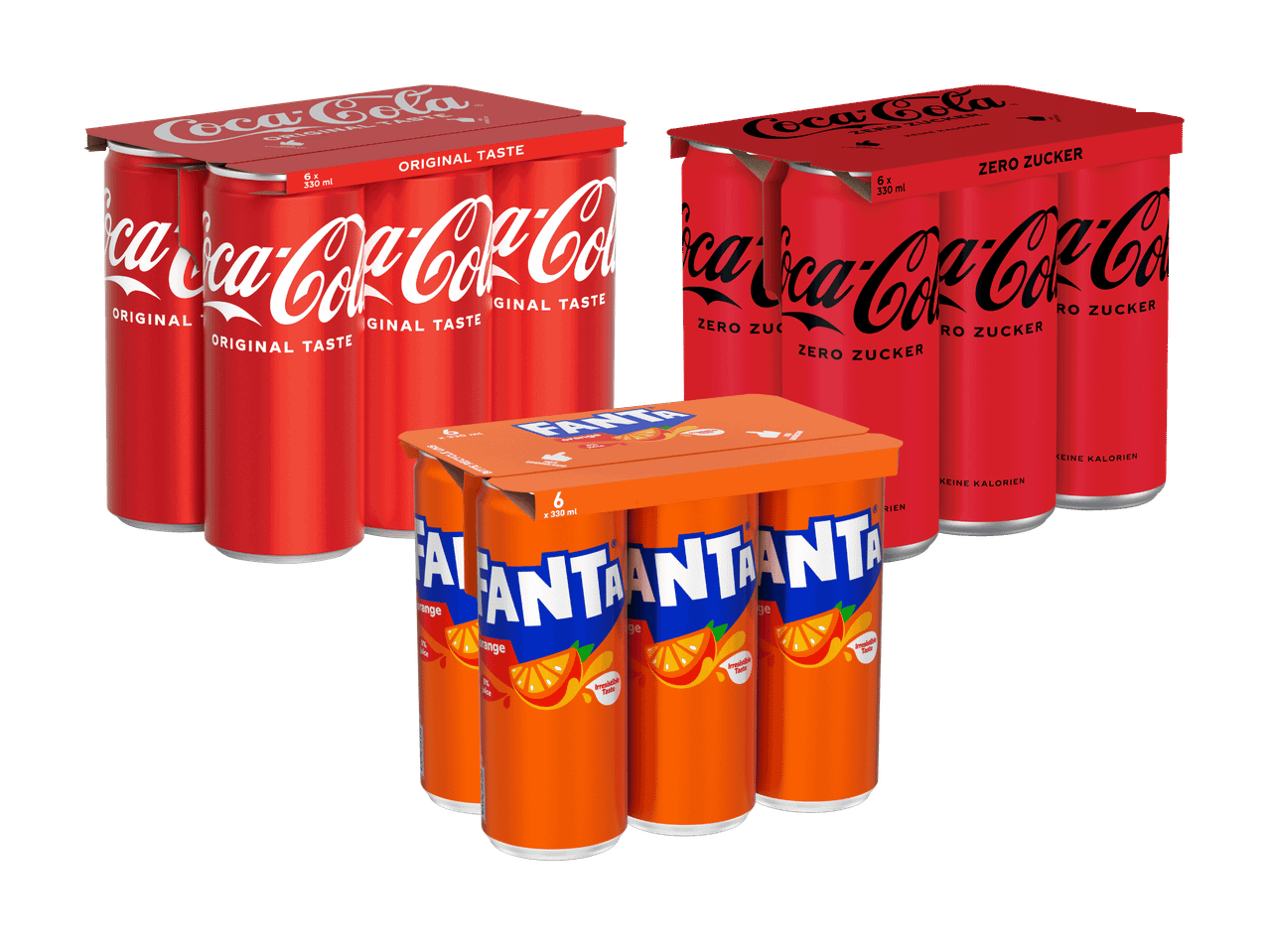 Drei 6er-Packs Getränkedosen: Coca-Cola Original Taste, Coca-Cola Zero Sugar und Fanta Orange.