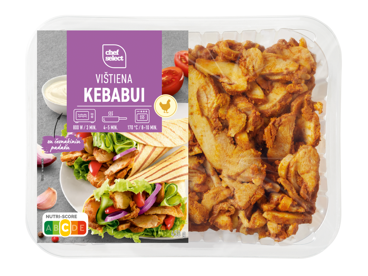 Kana kebabipakend küpsetusjuhiste, küüslaugukastme ja Nutri-Score'iga.