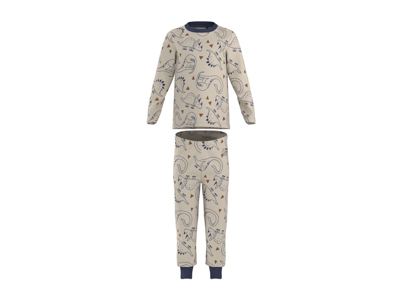 Children's pajamas with a dinosaur pattern, featuring a long-sleeved top and matching pants.