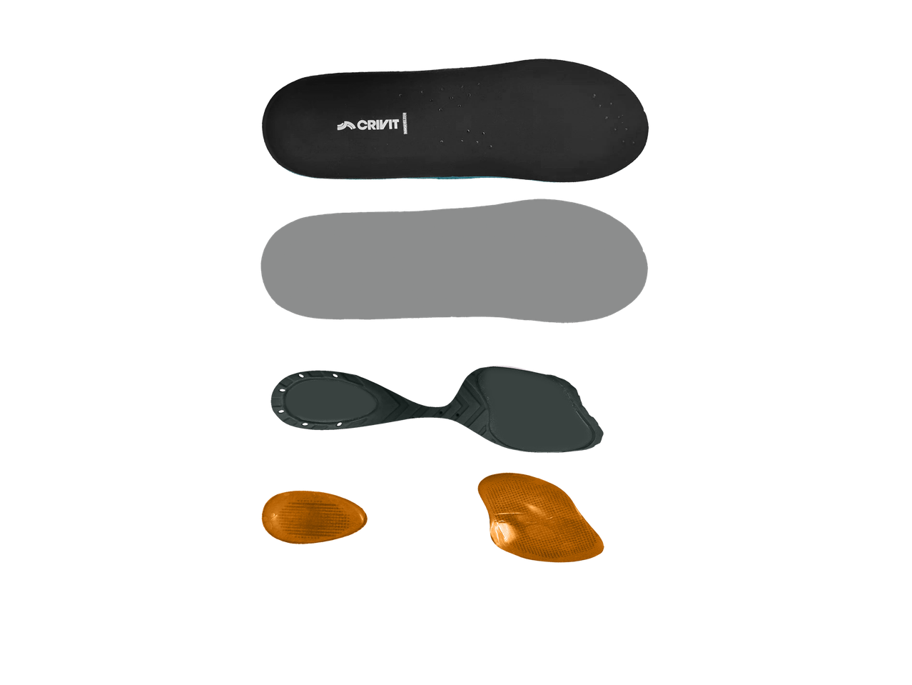 Crivit insoles components: top layer, midsole, heel and arch supports, and metatarsal pads.