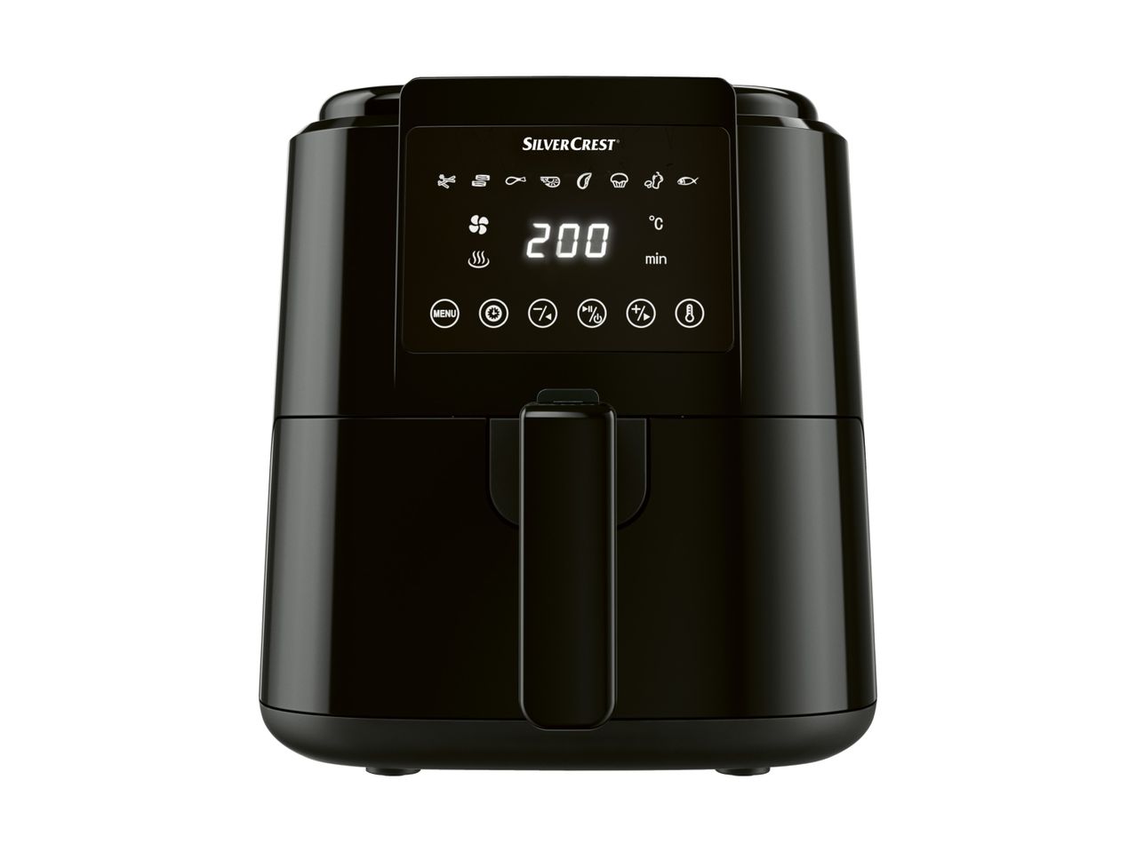 A black Breville air fryer with a digital display.