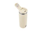 Cream-colored travel mug with an open lid and a silver band around the top.
