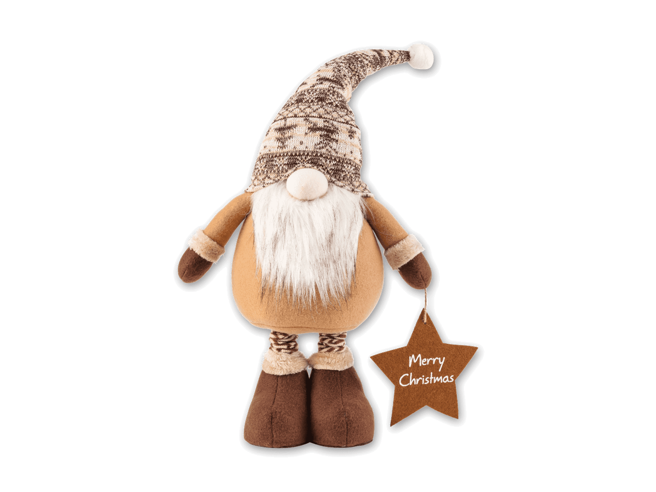 Weihnachtswichtel mit braunem Hut und Bart, der ein Schild mit der Aufschrift 'Merry Christmas' hält