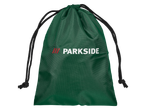 Green drawstring bag with the Parkside logo, likely for a 12V Cordless Mini Blower and Duster.