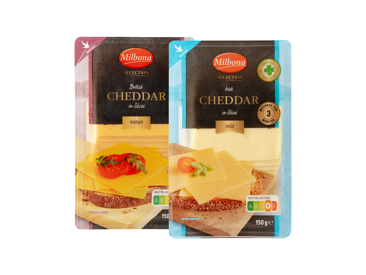 Dva pakiranja Milbona Selection cheddar sira u listićima: britanski zreli i irski blagi.