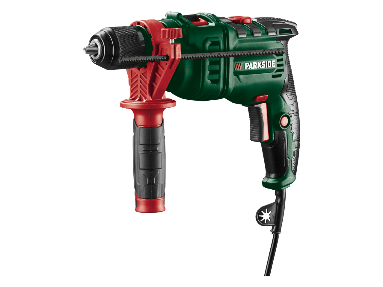 Κρουστικό δράπανο Parkside σε σκούρο πράσινο και κόκκινο με πρόσθετη λαβή