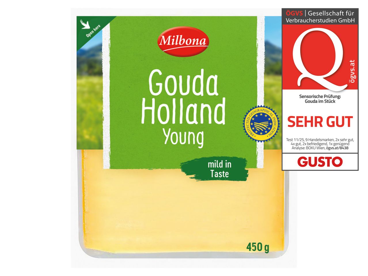 Milbona Gouda Holland Young Käse, 450g, mit Auszeichnung „SEHR GUT“ von ÖGVS