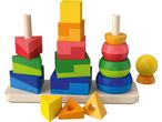 A colorful wooden stacking toy set with geometric shapes and a base.