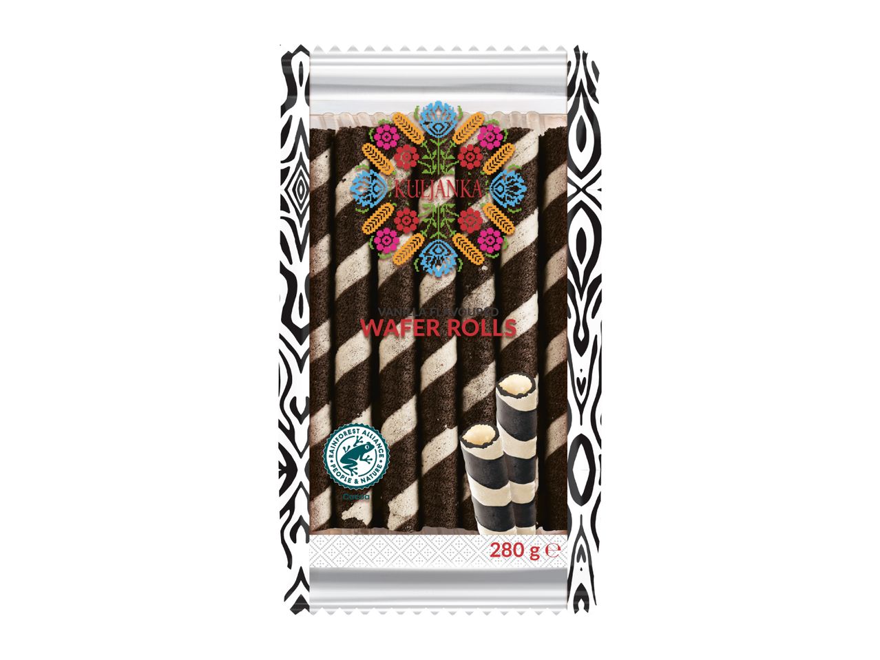 Packaging for vanilla-flavored wafer rolls with a colorful folk art design and Rainforest Alliance logo.