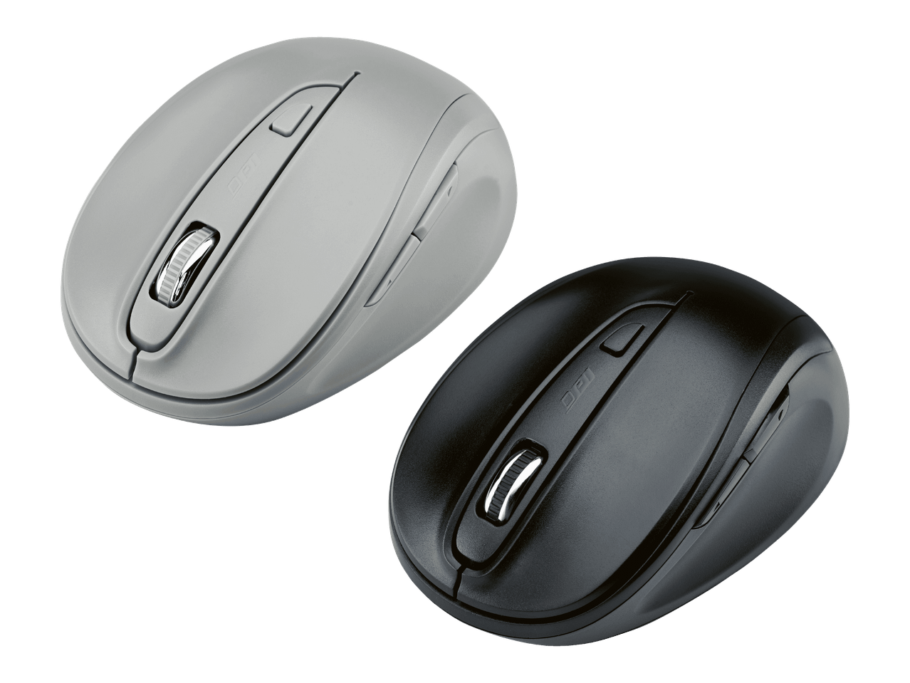 Kaksi Logitech-hiirtä, toinen harmaa ja toinen musta, näkyvät mustalla taustalla.