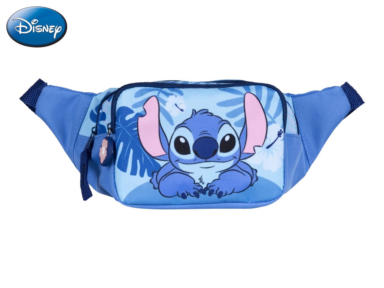 Blue fanny pack with a cartoon alien character and tropical leaf pattern.