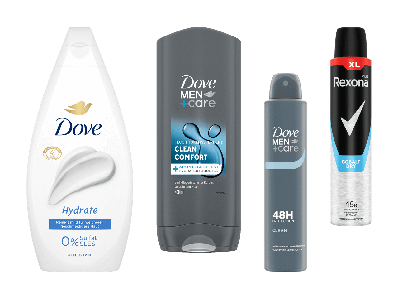 Dove Körperpflegeprodukte: Duschgel, Bodylotion und Deo.
