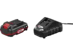 A black and red power tool battery next to a black battery charger with a cable.