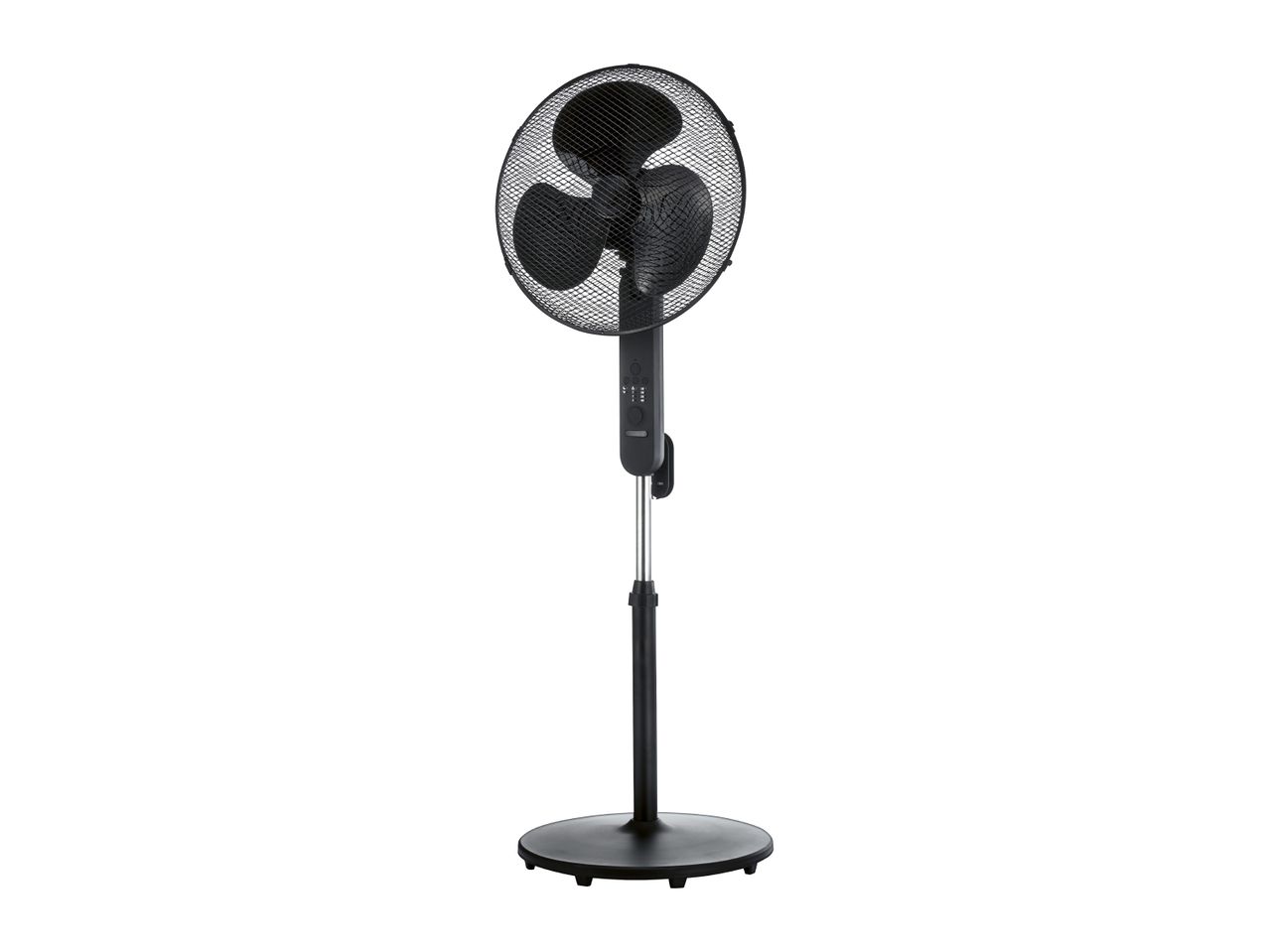 Black pedestal fan with three blades and a round base