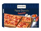 Frozen pizza box with a large pizza cut into slices, salami, bell peppers, and mozzarella.