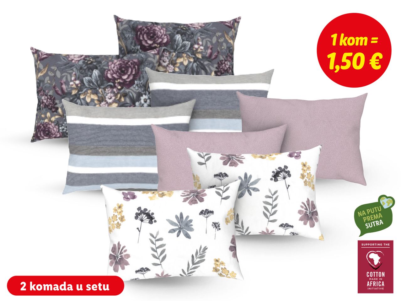 Set jastučnica s cvjetnim i prugastim uzorkom.