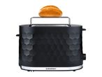 Black toaster with a bun warming rack and a bread roll on top