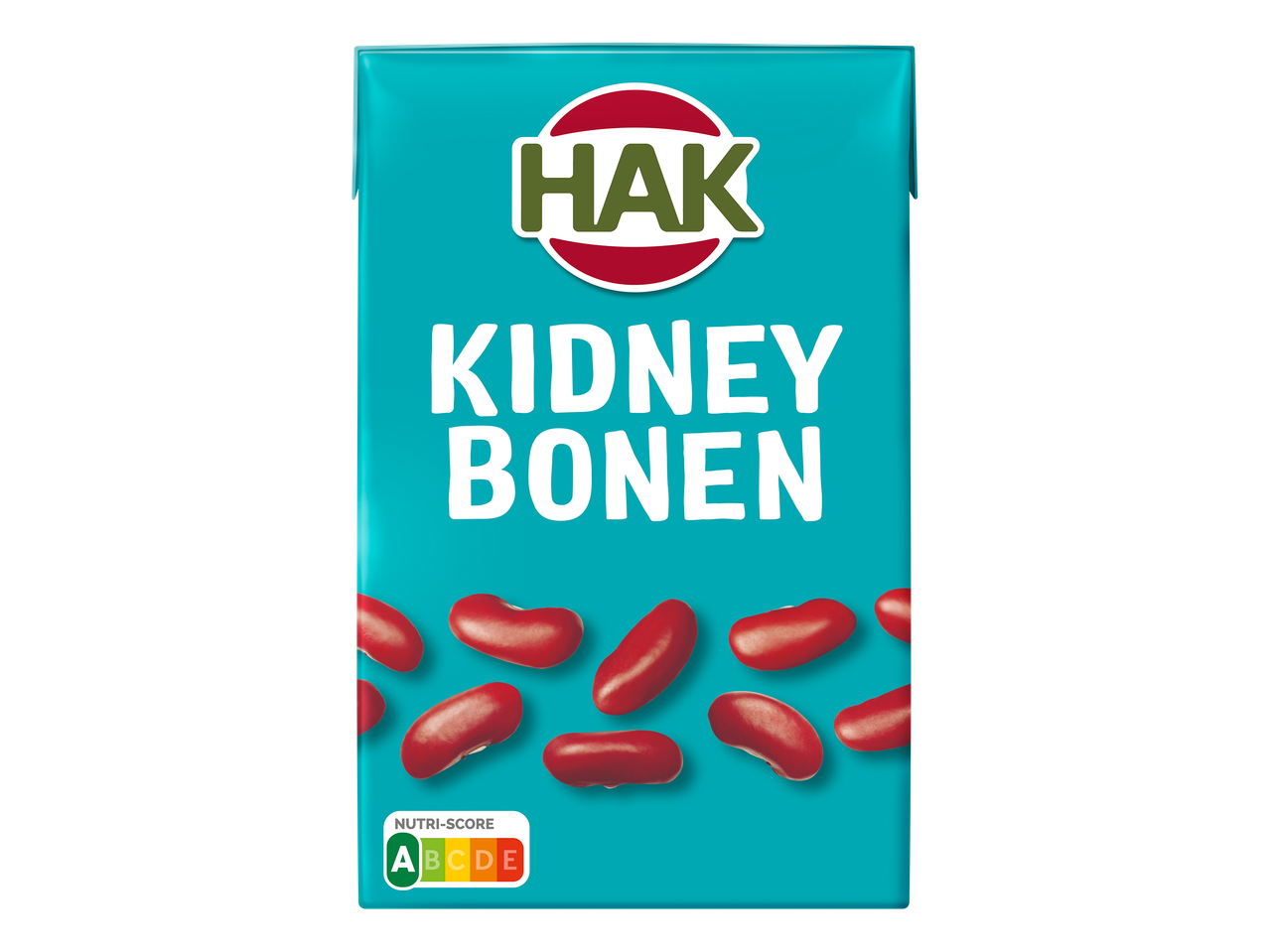 Een blauw pak met rode kidneybonen en de tekst 'KIDNEY BONEN', met Nutri-Score A.