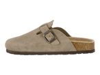 Light brown suede clog with a buckle and cork sole.