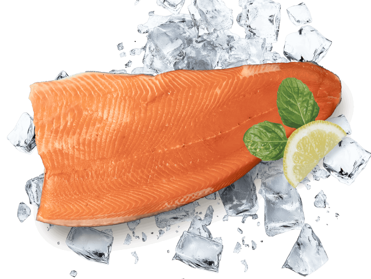 Ein Stück roher Lachs auf Eis mit Minze und Zitrone.