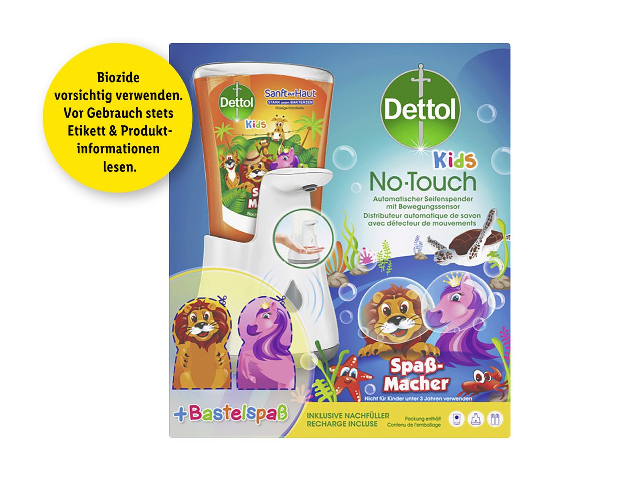 Dettol Kids No-Touch Seifenspender mit Nachfüller und Bastelvorlagen.