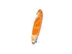 Planche de stand up paddle gonflable orange et blanche avec des cordes élastiques.