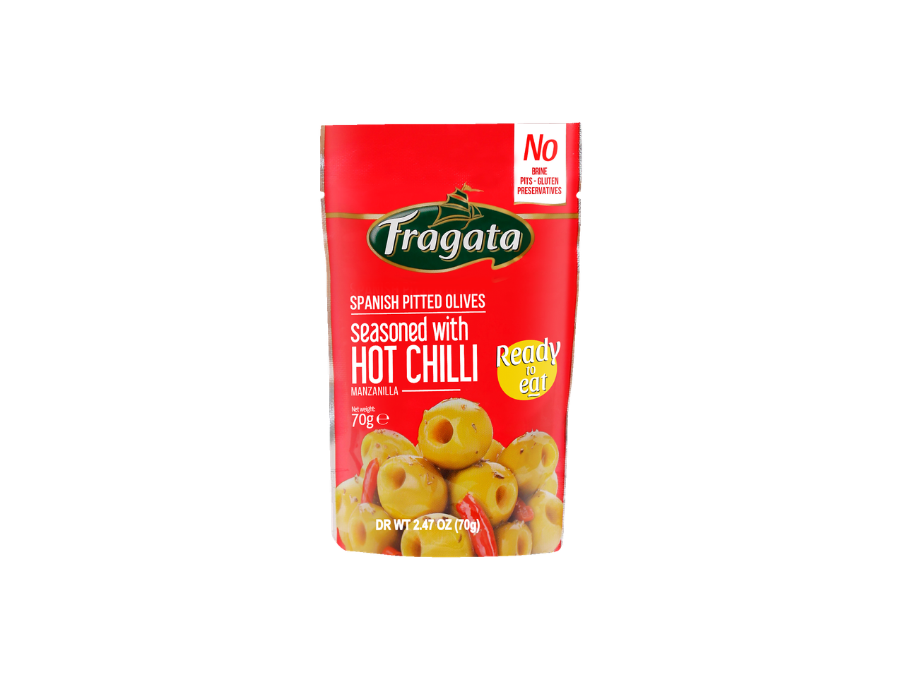 Fragata Snackolijven, Spaanse ontpitte olijven gekruid met hete chili, 70g.