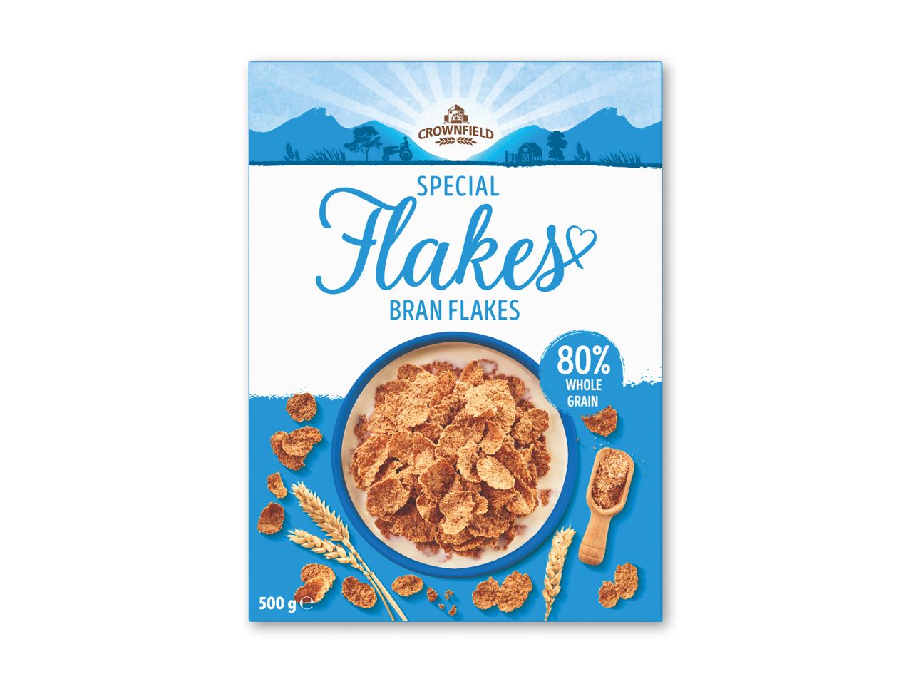 Pakke med special-branflakes med 80% fuldkorn, serveret i en skål med mælk.