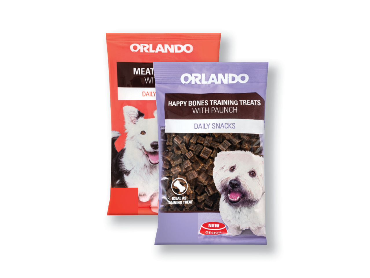 Du „Orlando“ prekės ženklo šunų skanėstų pakeliai: vienas raudonas su mėsa, kitas violetinis su paunchu.