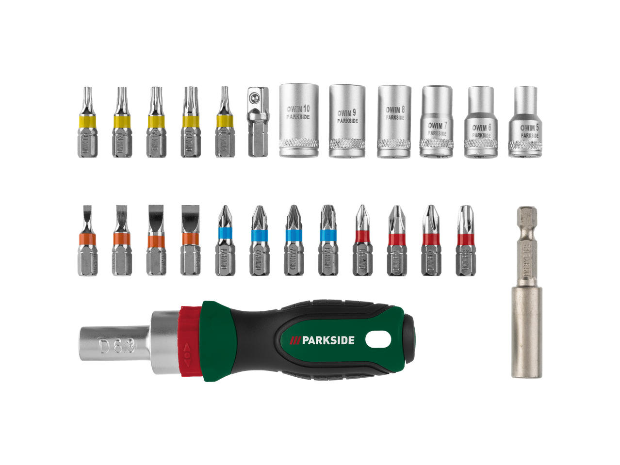 PARKSIDE® Rachet/Socket Bits Set with screwdriver, various bits, and sockets.
