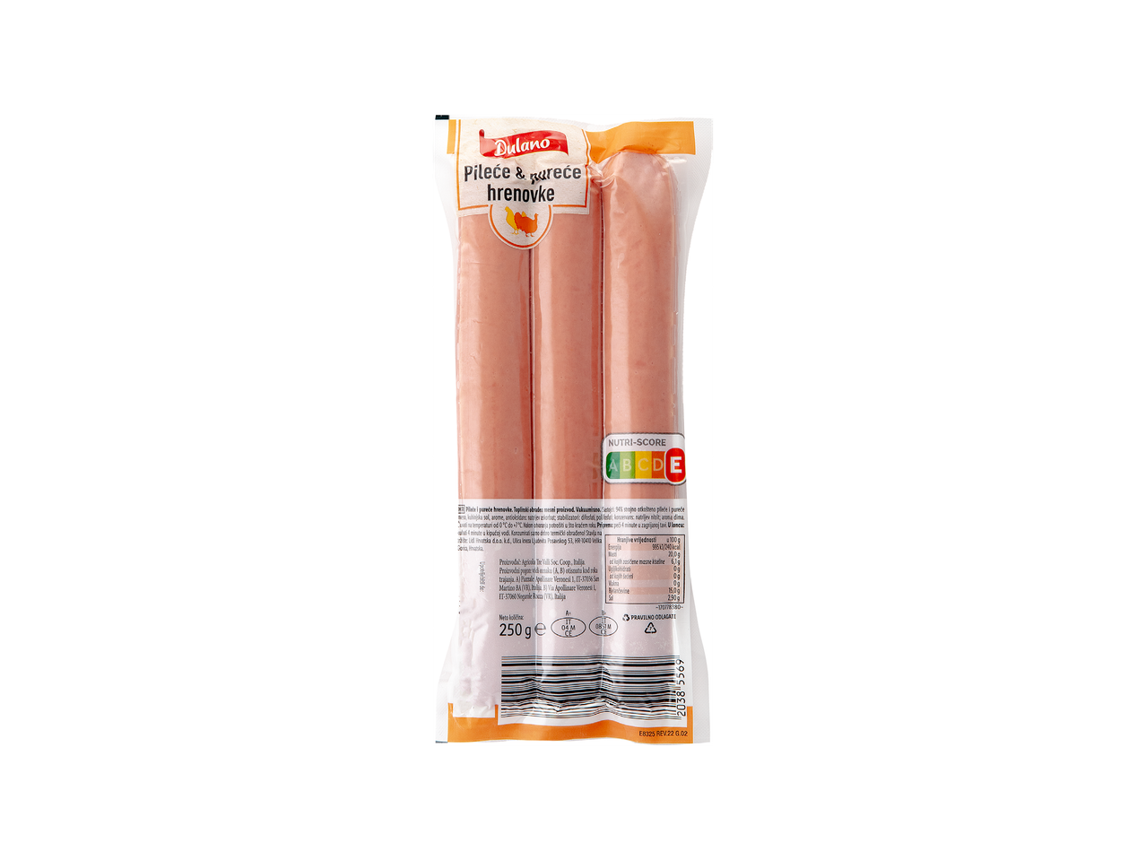 Pakiranje pilećih i purećih hrenovki s Nutri-Score oznakom i nutritivnim informacijama.