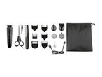 Hair clipper set with various attachments, scissors, comb, cleaning brush, oil, charging cable, and storage bag.