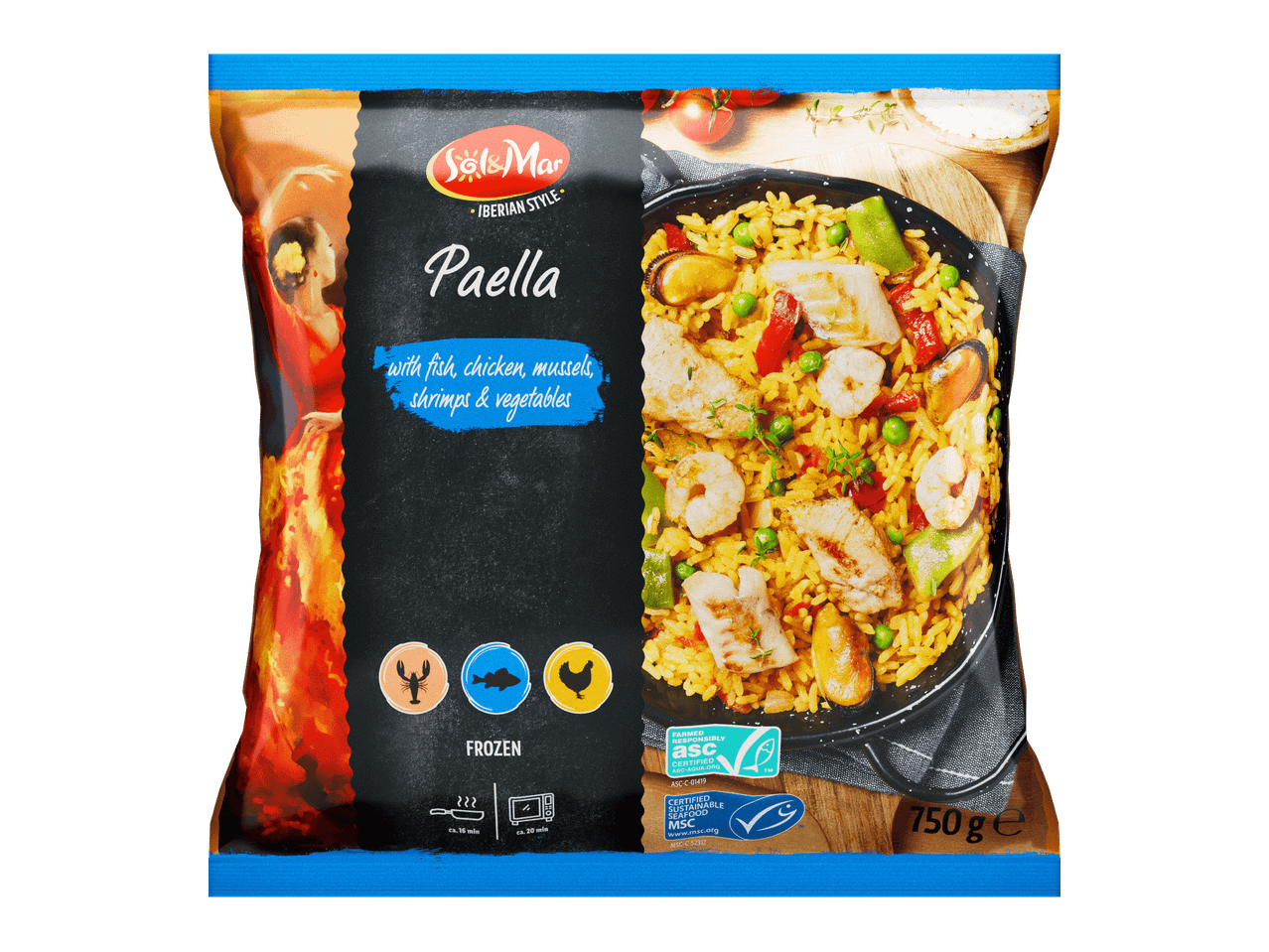 Paella-pakasteateria, jossa kalaa, kanaa, simpukoita, katkarapuja ja kasviksia.