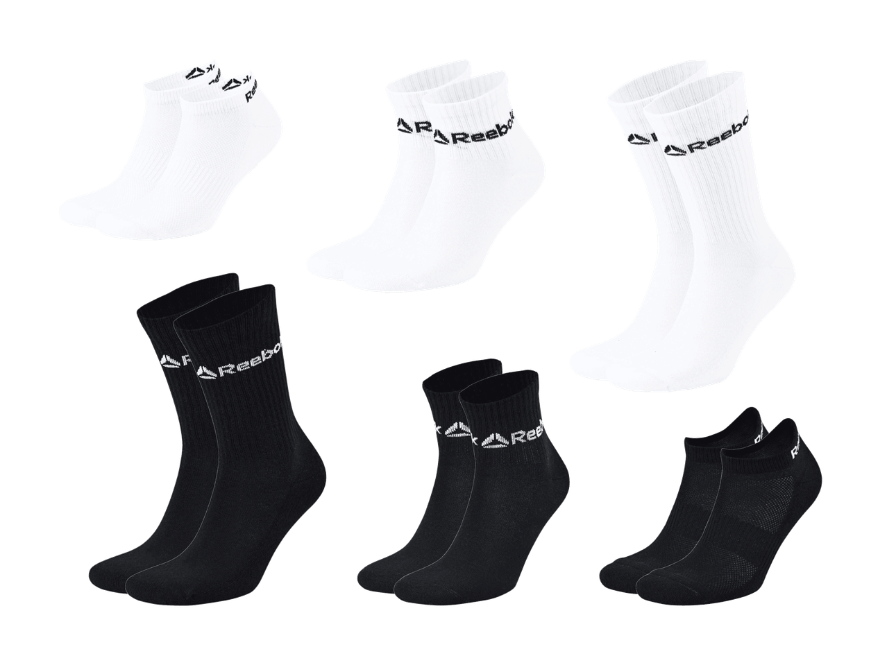 Trois paires de chaussettes de sport blanches, une courte et deux mi-mollet, avec logo noir.