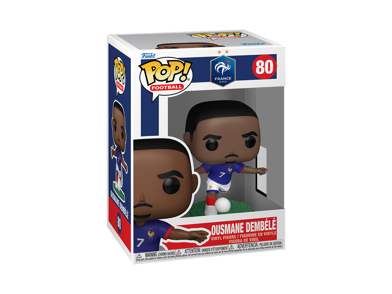 Figurine de collection d'un joueur de football français, Ousmane Dembélé, en maillot bleu.