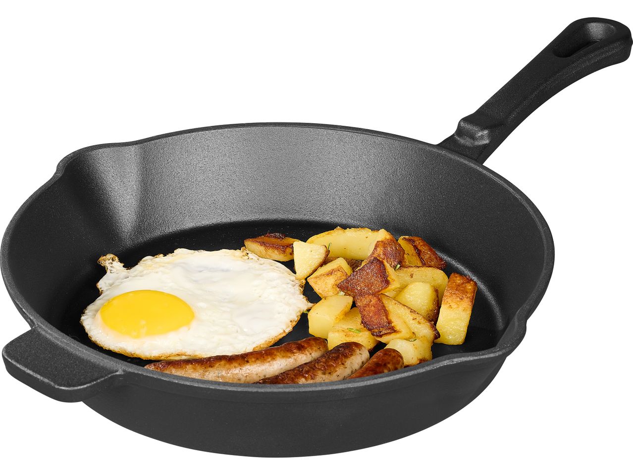 Cast iron skillet with fried egg, sausages, and roasted potatoes.