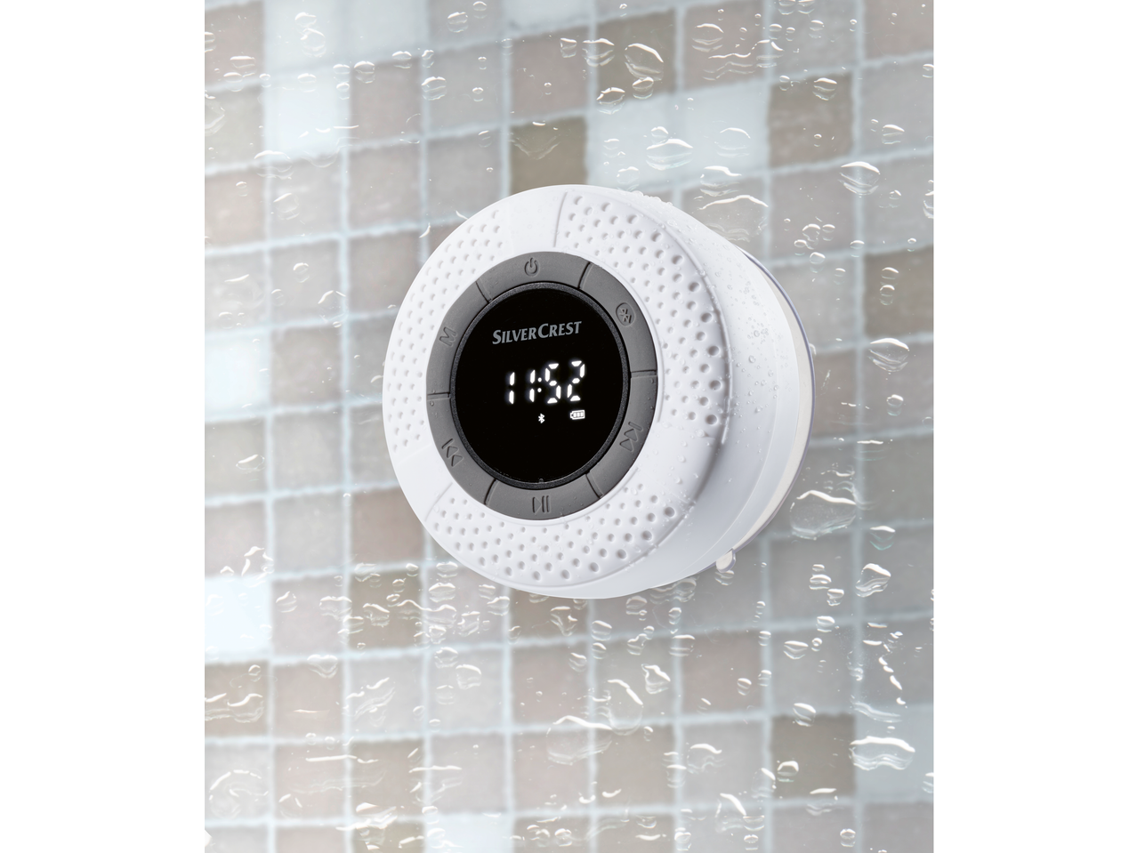 SILVERCREST Bluetooth® zvučnik za kupatilo sa digitalnim ekranom i kapljicama vode.