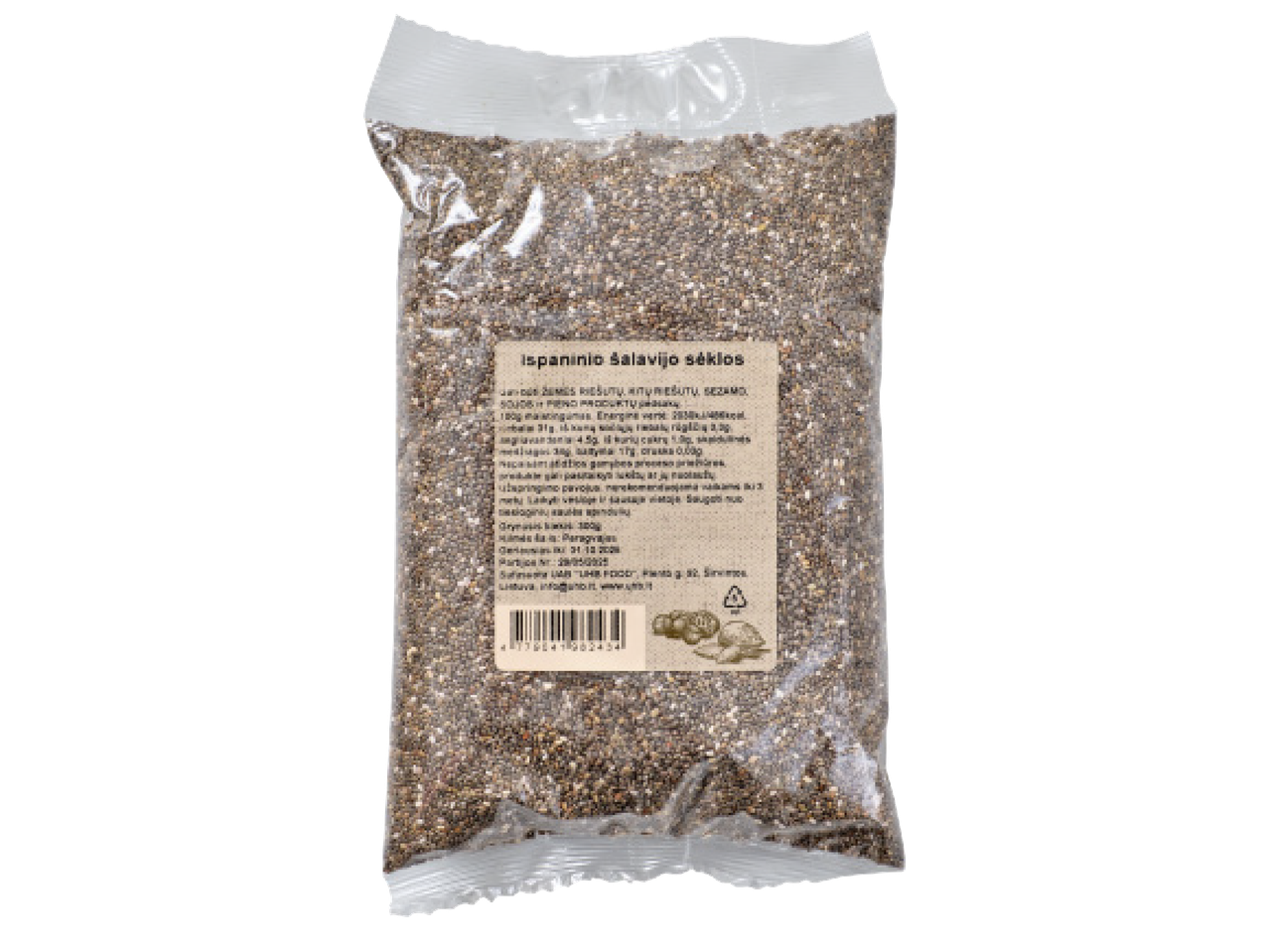 Pakend ispaania salvei seemnetega, millel on toitumisalane teave ja vöötkood.