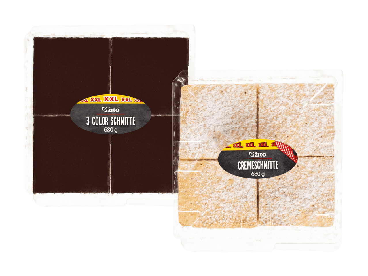 Zwei Packungen Kuchen: 3 Color Schnitte und Cremeschnitte von Žito.