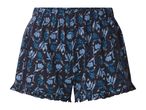 Dark blue women's shorts with a light blue floral pattern and ruffled hem.